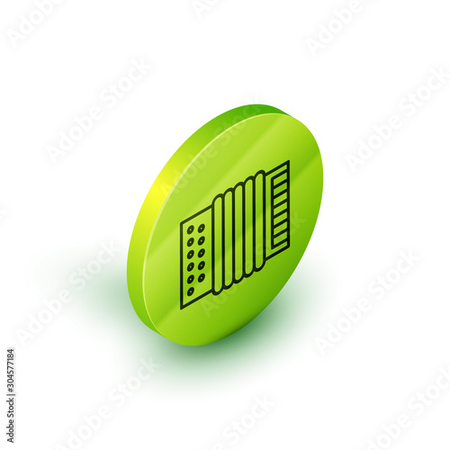 Isometric line Musical instrument accordion icon isolated on white background. Classical bayan, harmonic. Green circle button. Vector Illustration