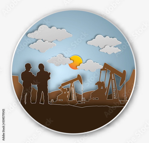 Vector of oil rig industry silhouettes background, Paper art and digital craft style. photo