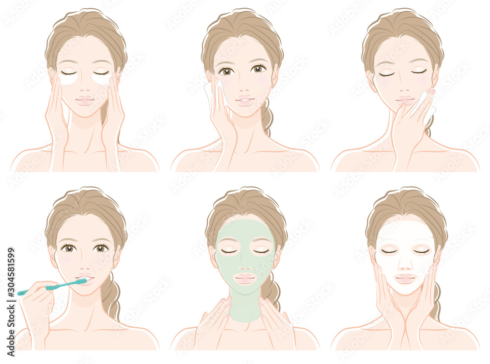 スキンケアをしている女性のイラスト