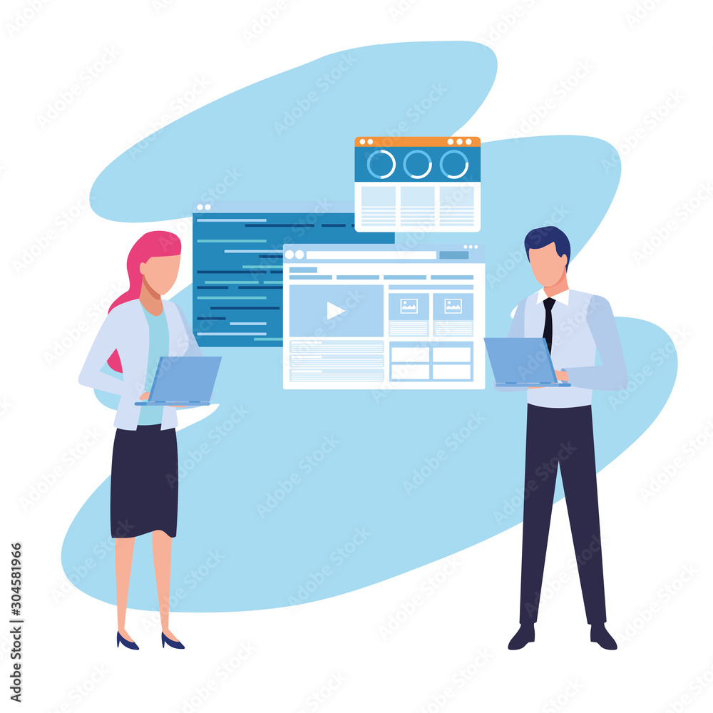 avatar businesswoman and businessman with laptop computer avatar businesswoman and businessman with laptop computer