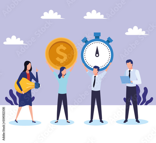 avatar businesspeople with money coin and chronometer over purple landscape background