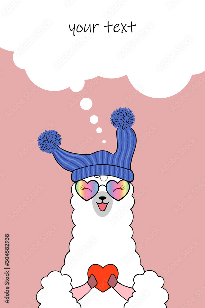 Naklejka premium Cute cartoon llama wearing heart-shaped glasses and knitted hat. Greeting card or invitation template with place for text. Hand drawn illustration
