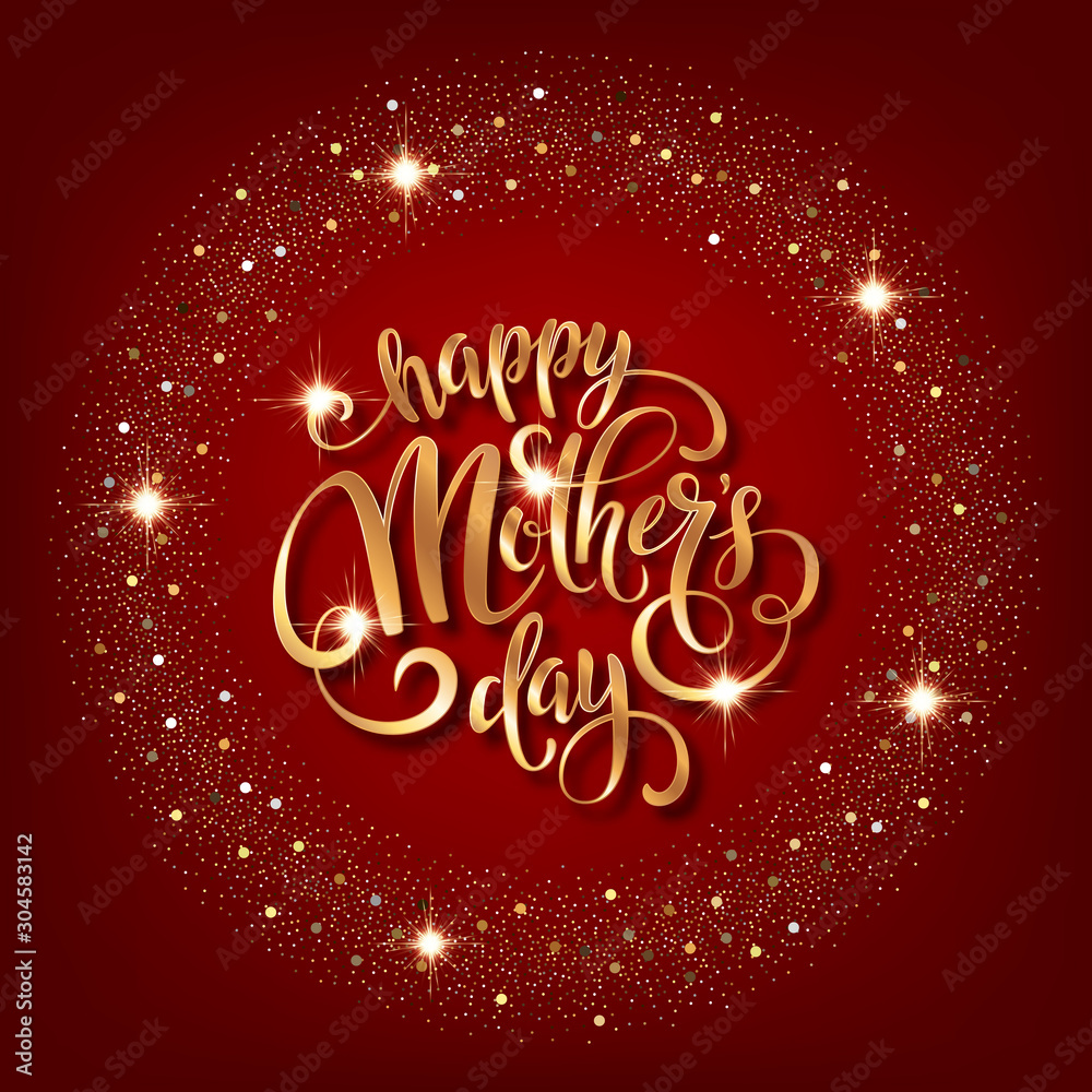 Mothers day greeting card. Handwritten message on red background with golden confetti