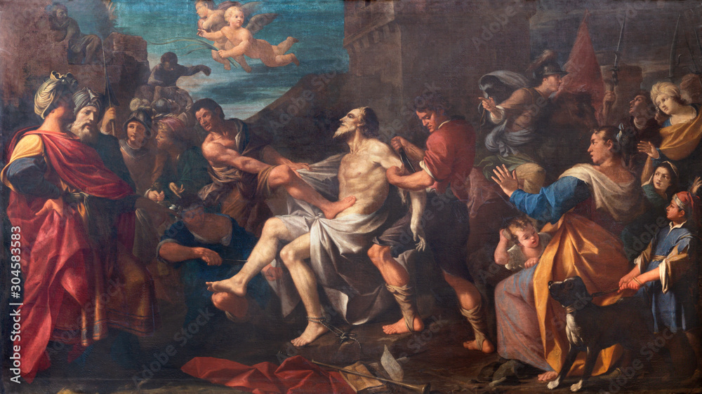 MODENA, ITALY - APRIL 14, 2018: The painting of Martyrdom of St. Bartholomew the Apostle in church Chiesa di San Bartolomeo by Girolamo Negri (1694).