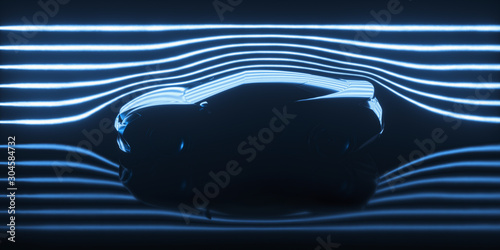 Imaginary sports car, modeled and created using CAD software. Conceptual prototype inside aerodynamic tunnel.