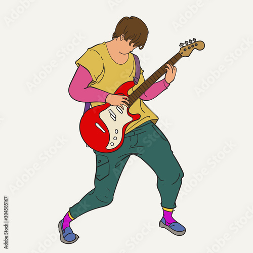 Vector cartoon illustration of guitarist playing a guitar music instrument