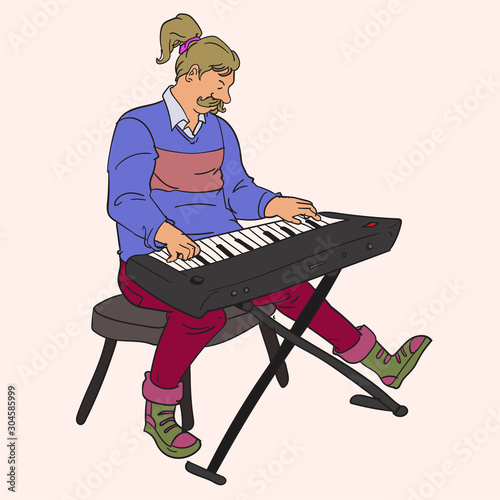 Vector cartoon illustration of pianist playing keyboard music instrument