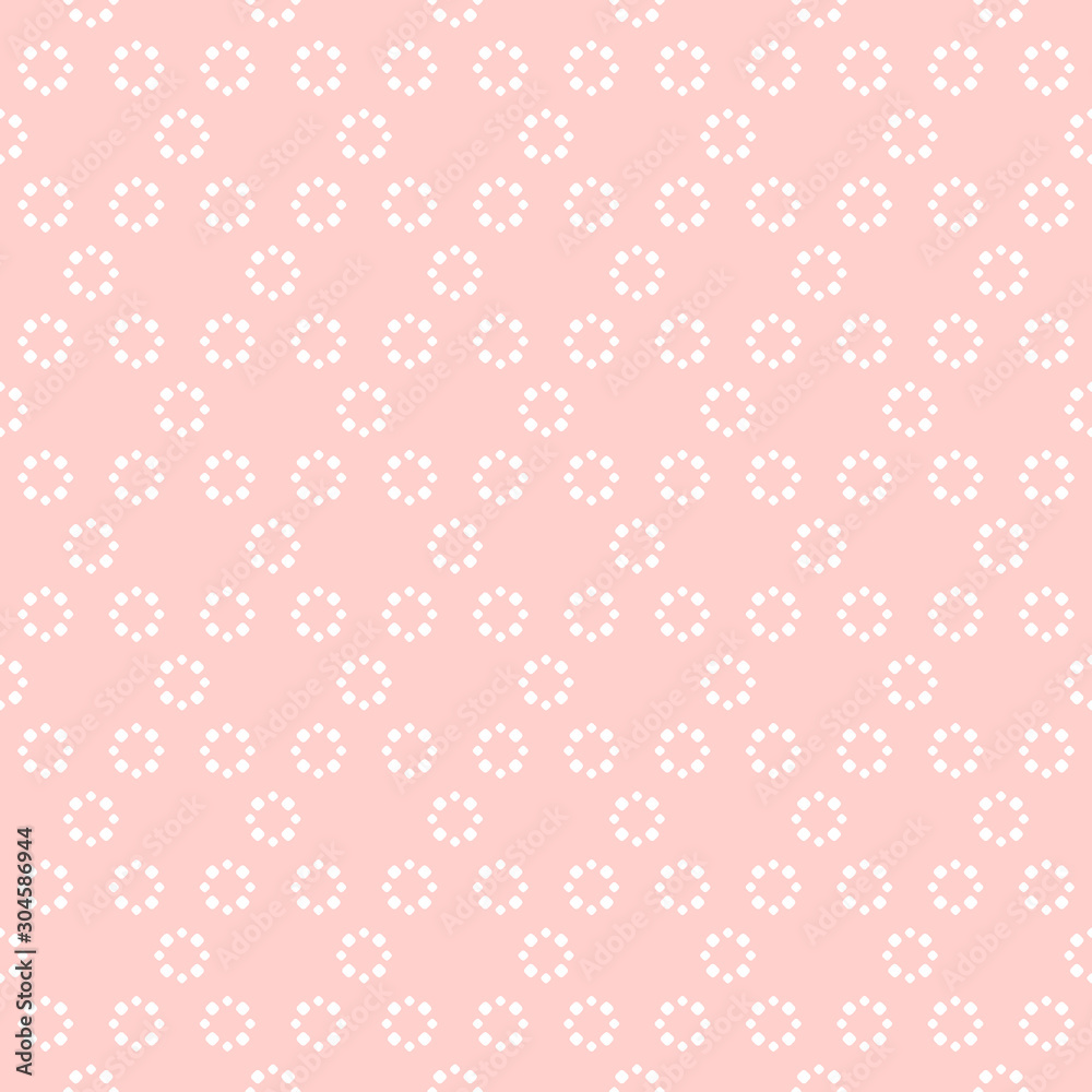 Simple pink floral seamless pattern. Vector abstract background with small circles, flower shapes, tiny dots. Elegant texture in pastel colors, pale pink and white. Repeat design for decor, prints