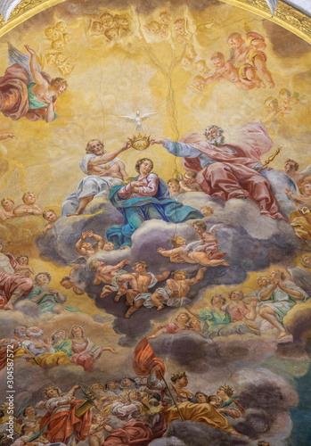 ACIREALE, ITALY - APRIL 11, 2018: The fresco of Coronation of Virgin Mary on the ceiling of Duomo by Paolo, Gaetano and Antonio Filocamo (1711).
