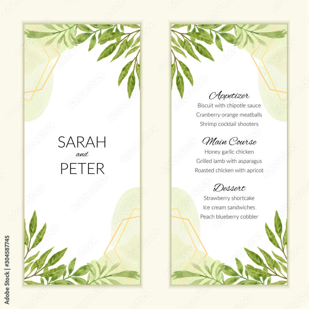 Watercolor wedding menu card with green foliage decoration