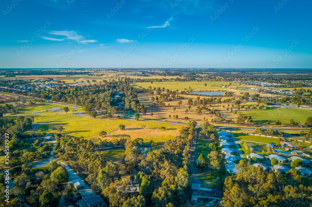 Scenic Australian countryside at sunset near Moama, NSW - aerial view
