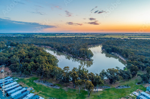 Holiday park cabins on the shores of Murray RIver in Moama, NSW, Australia photo