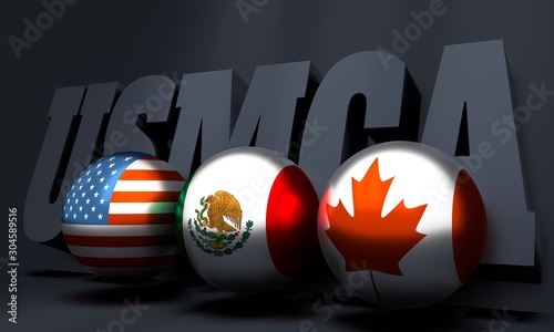 Acronym USMCA - United States Mexico Canada Agreement. 3D rendering. National flags on spheres. Trade union. Global teamwork. 3D rendering photo