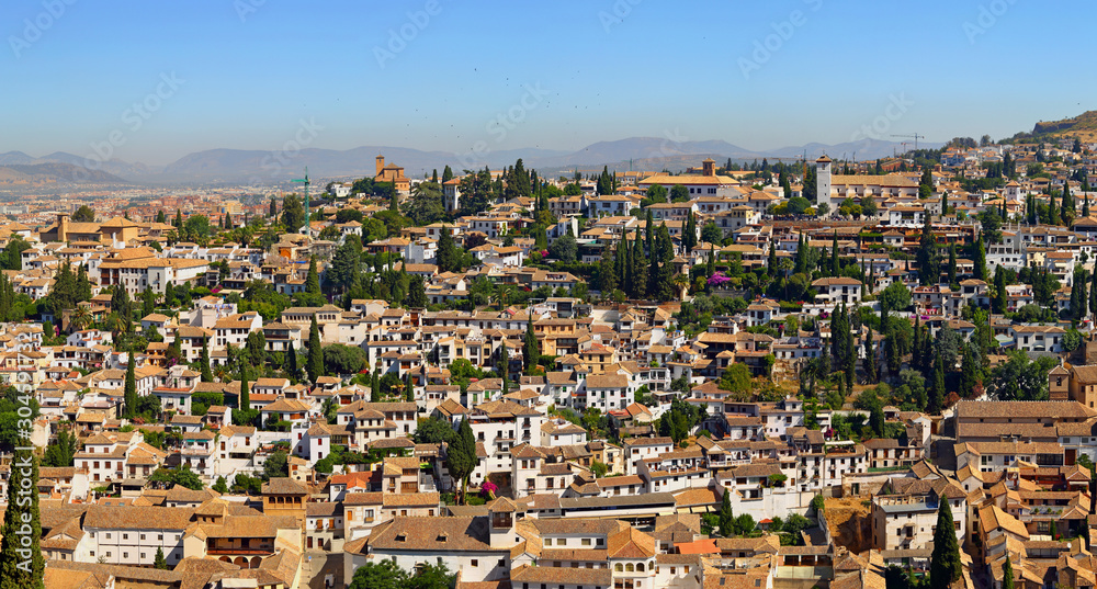 view of historic section of Granada, Andalusia, Spain, viewed from hill of Alhambra