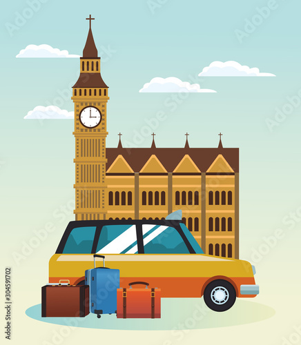 london big ben and taxi cab with travel suitcases