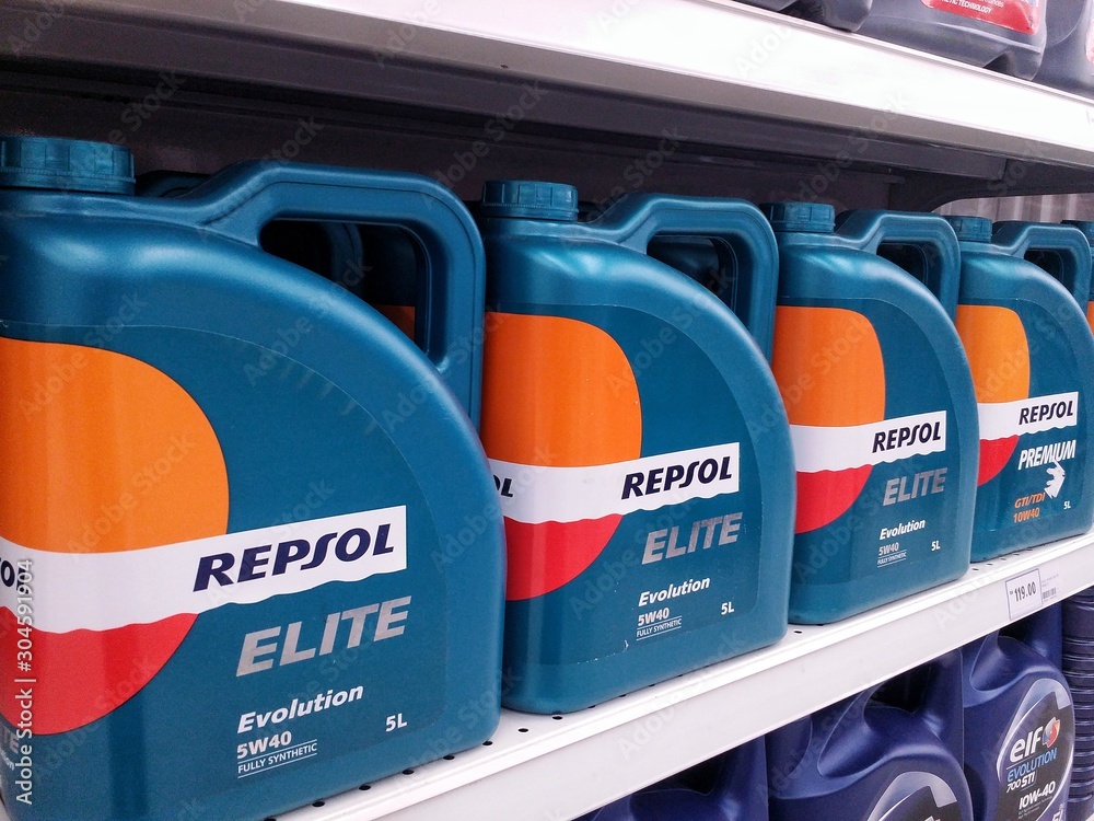 KUALA LUMPUR, MALAYSIA - MAY 20, 2017 : Repsol motor oil on a ...