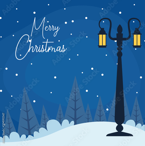 Merry christmas design with winter night scenary with street lamp