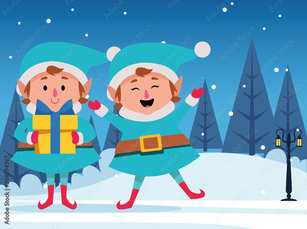 happy santas helpers with gift box over snowy night background, colorful design happy santas helpers with gift box over snowy night background, colorful design