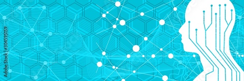 Human head silhouette. Robotics industry relative image. Molecule and communication technology background. Connected lines with dots. Abstract circuit scheme