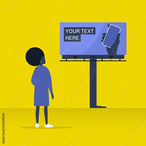 Your text here mockup, new online service outdoor advertising, young black female character looking at the large billboard construction