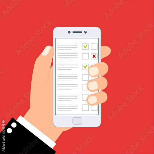 Online survey. Internet surveying, hands holding tablet with test form. Mobile questionnaire, customers voting template with flat design style for smartphones, PC or tablets. Clean and modern