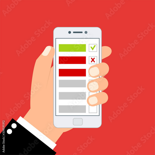 Online survey. Internet surveying, hands holding tablet with test form. Mobile questionnaire, customers voting template with flat design style for smartphones, PC or tablets. Clean and modern