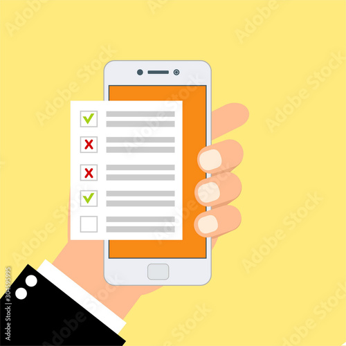 Checklist on smartphone screen. One hand holds smartphone and finger touch screen. Flat vector illustration.