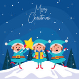 happy cartoon christmas elfs with star and gift box
