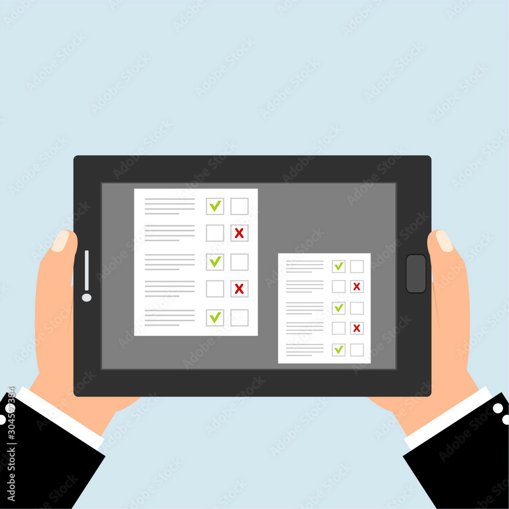 Online form survey, Survey Suggestion Opinion Feedback, survey, checklist. Hand holds tablet and finger touch screen. Cartoon flat vector illustration. Minimalistic design for web site, mobile app Online form survey, Survey Suggestion Opinion Feedback, survey, checklist. Hand holds tablet and finger touch screen. Cartoon flat vector illustration. Minimalistic design for web site, mobile app
