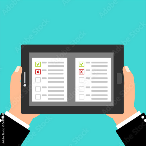 Online form survey, Survey Suggestion Opinion Feedback, survey, checklist. Hand holds tablet and finger touch screen. Cartoon flat vector illustration. Minimalistic design for web site, mobile app