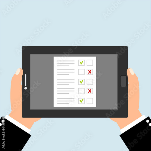 Online form survey, Survey Suggestion Opinion Feedback, survey, checklist. Hand holds tablet and finger touch screen. Cartoon flat vector illustration. Minimalistic design for web site, mobile app