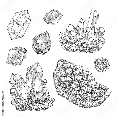 Set of crystals sketch ink. Hand drawn vector illustration.