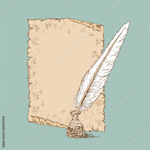 An old sheet of paper and a quill pen in an inkwell. Sketch hand drawn vector illustration in retro style