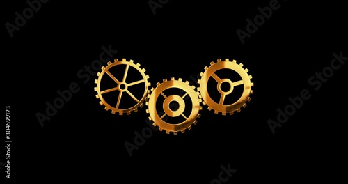 Three golden spinning gears on transparent background