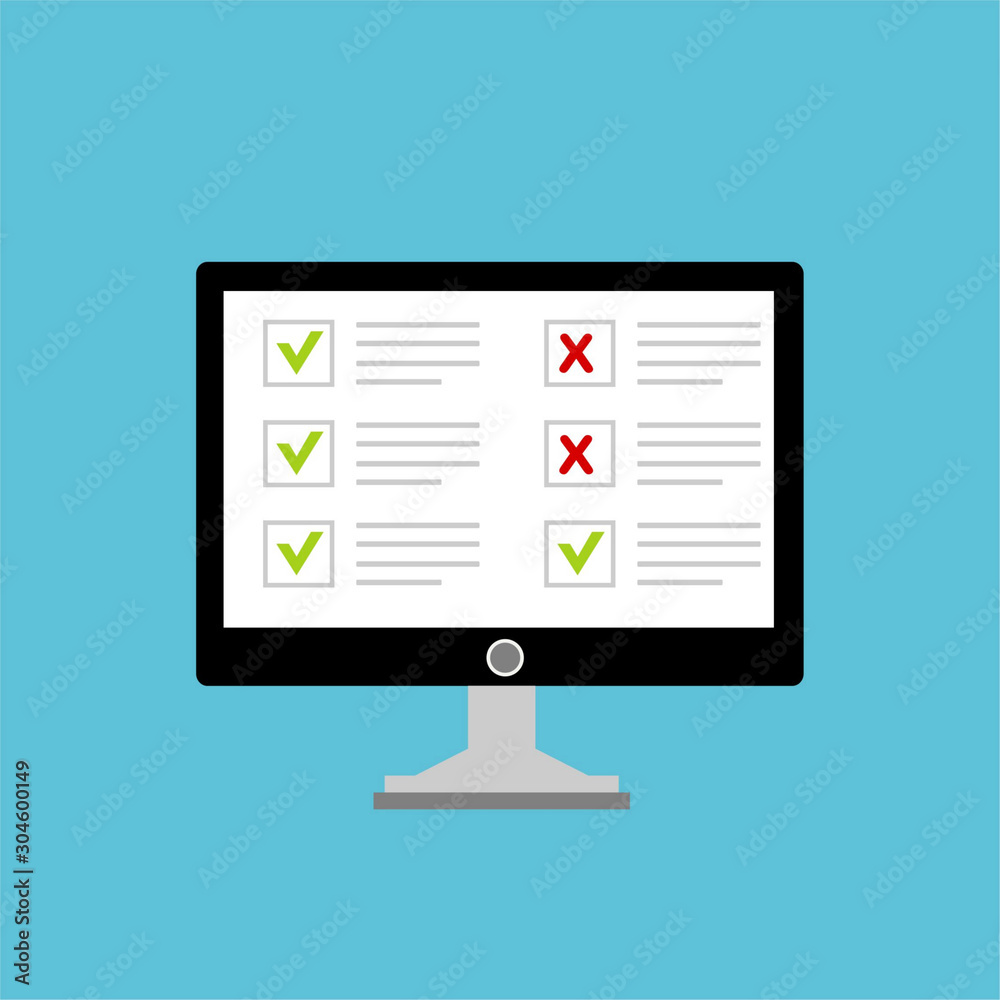 Laptop and checkboxes with check mark. Checklist, white tick on laptop screen. Choice, survey concepts. Modern flat design graphic elements for web banners, websites, infographics. Vector illustration Laptop and checkboxes with check mark. Checklist, white tick on laptop screen. Choice, survey concepts. Modern flat design graphic elements for web banners, websites, infographics. Vector illustration