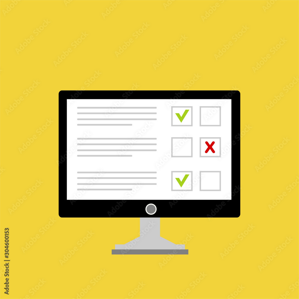Laptop and checkboxes with check mark. Checklist, white tick on laptop screen. Choice, survey concepts. Modern flat design graphic elements for web banners, websites, infographics. Vector illustration