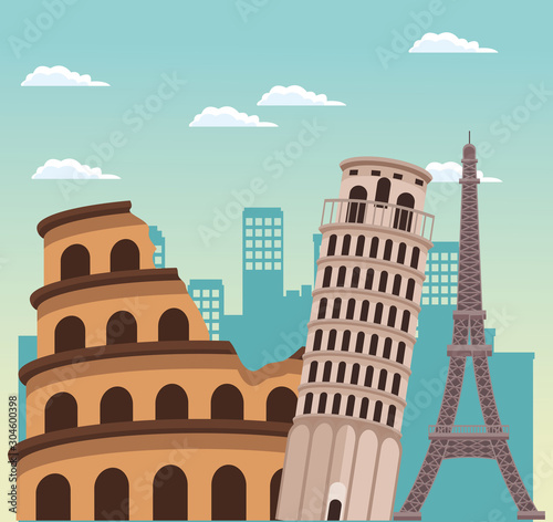 Rome coliseum monument, pisa tower and eiffel tower over sky background