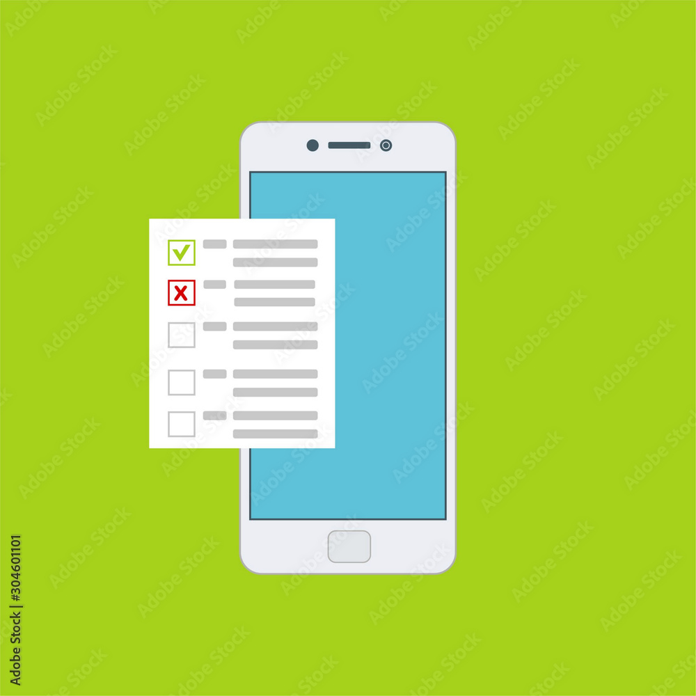 Checklist on smartphone screen. One hand holds smartphone and finger touch screen. Flat vector illustration.Can be used for workflow layout template, banner, marketing, infographics.
