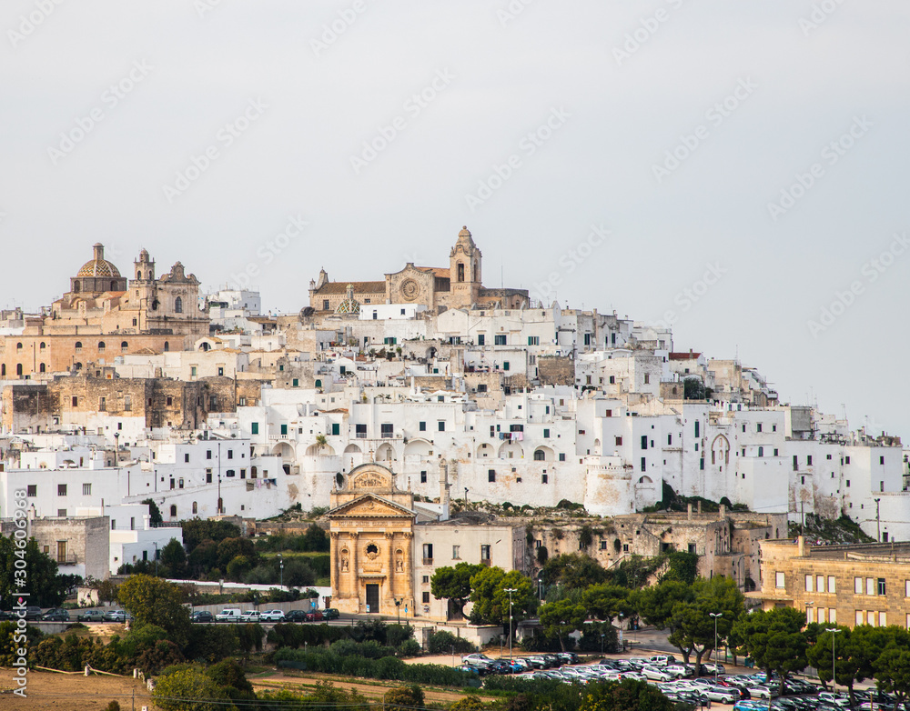Panoramic view of the white and old city of Ostuni, Apulia, South Italy