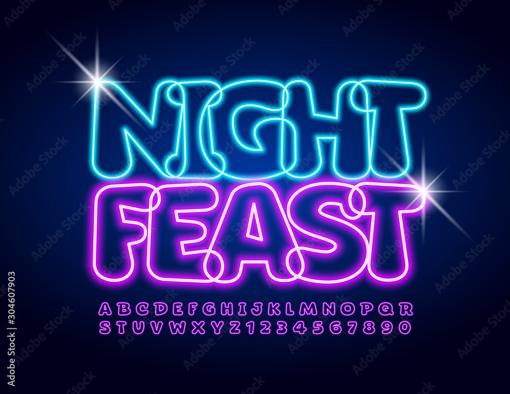 Vector colorful Banner Night Feast.  Illuminated violet Font. Bright creative Alphabet Letters and Numbers.