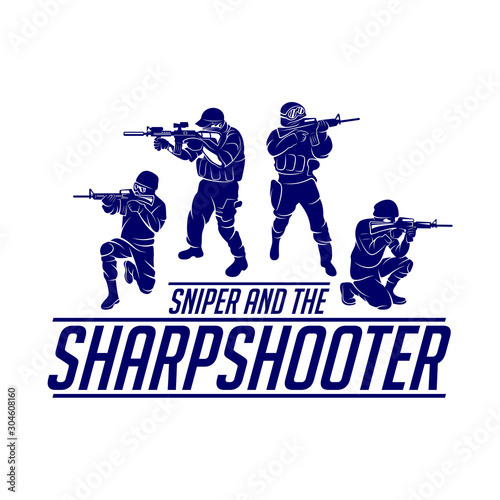 Sniper vector logo design concept style, Sharpshooter Style Concept logo Template, emblem and tshirt printing. sniper illustration for sport team.