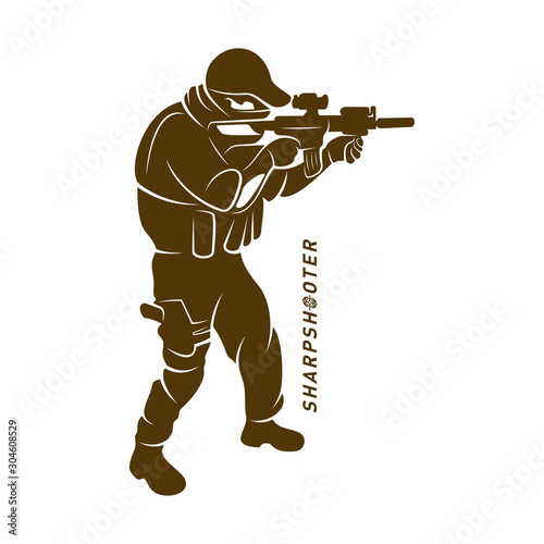 Sniper vector logo design concept style, Sharpshooter Style Concept logo Template, emblem and tshirt printing. sniper illustration for sport team.