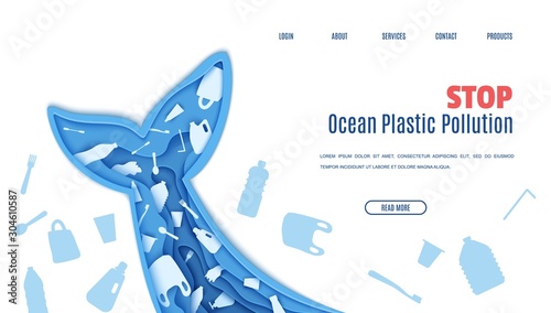 Web page design template stop ocean plastic pollution in paper cut style. Tail fin in the form papercut layer cave with plastic bag for rubbish, bottle, disposable tableware. Vector ecological concept