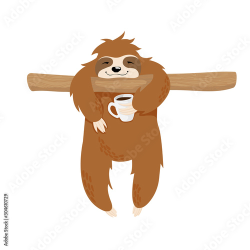 Cute sloth bear on tree brunch holding cup of coffee scandinavian illustration isolated on white background. Little Sloth hang on twig and drink coffee kawaii childish vector hand drawn illustration.