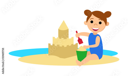 little girl builds a sand castle on the beach. Isolated object on a white background. Vector illustration.