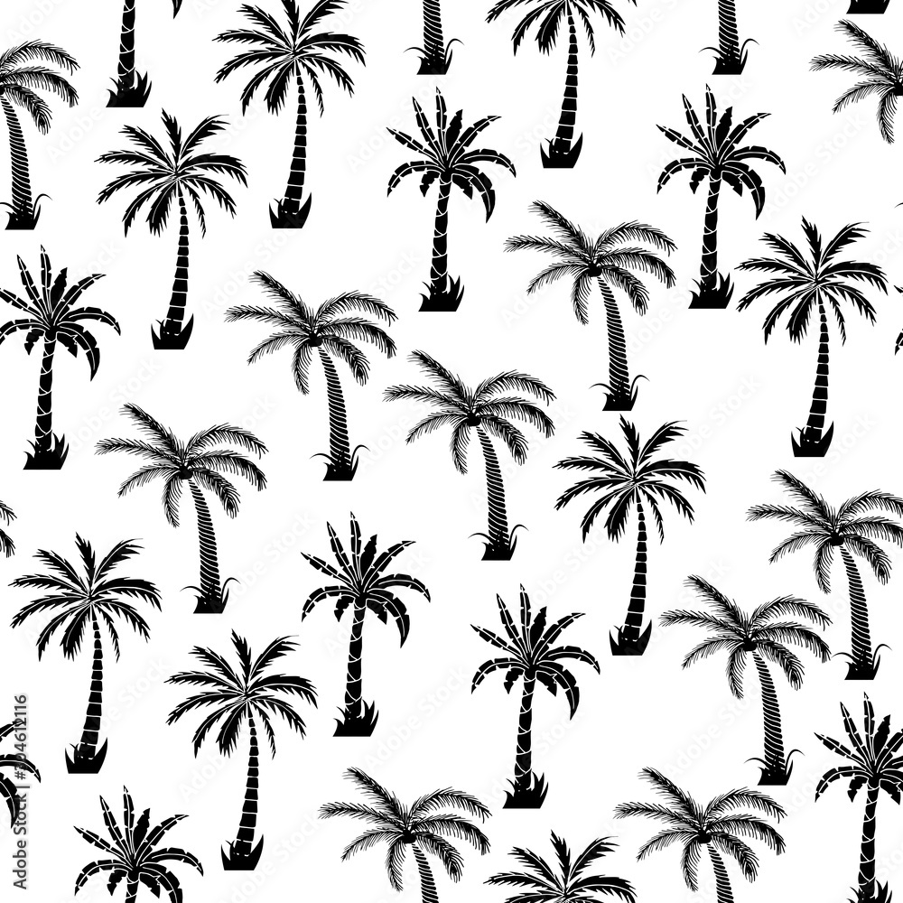 Seamless floral pattern with different palm tree. Print for fabric and web.