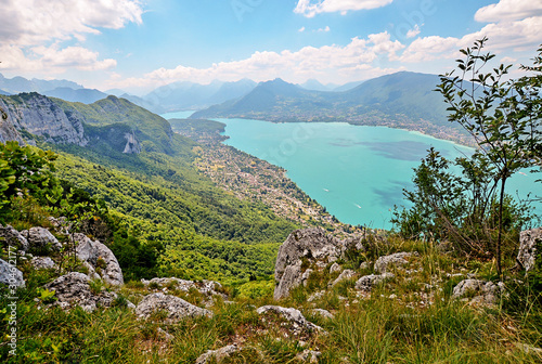 A panoramic view on the Lake Annecy from mont Veyrier to mont Baron hiking track, France