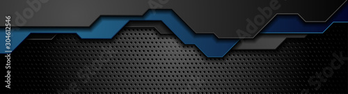 Composition of dark futuristic elements on black background. Dark metallic perforated texture design. Technology geometric illustration. Vector header banner