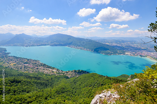 A panoramic view on the Lake Annecy from mont Veyrier to mont Baron hiking track, France