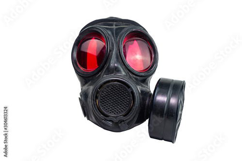 Red eyes gas mask with air filtering for protect from toxic use in night  duty. Look old after mission. Clipping path Stock Photo | Adobe Stock